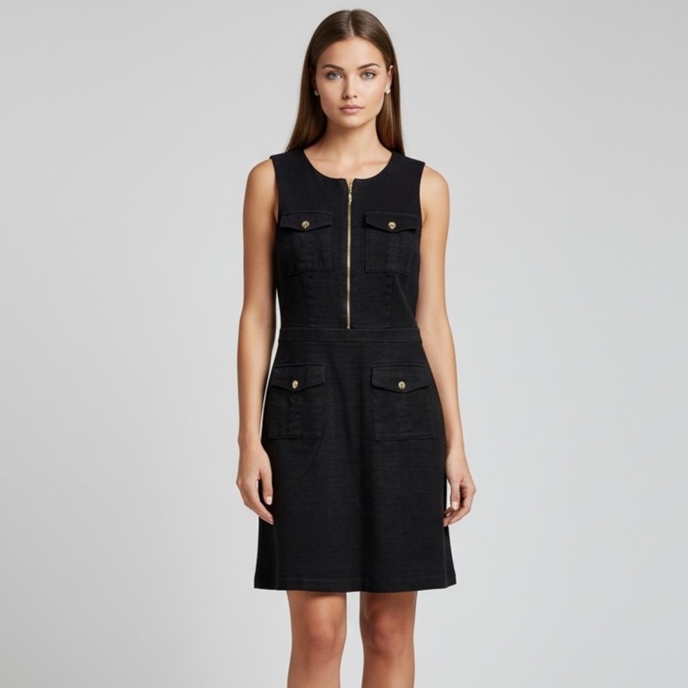 🌻Tahari Black Preppy Sleeveless Black Textured Parkcore Dress Size 6 - Picture 3 of 10